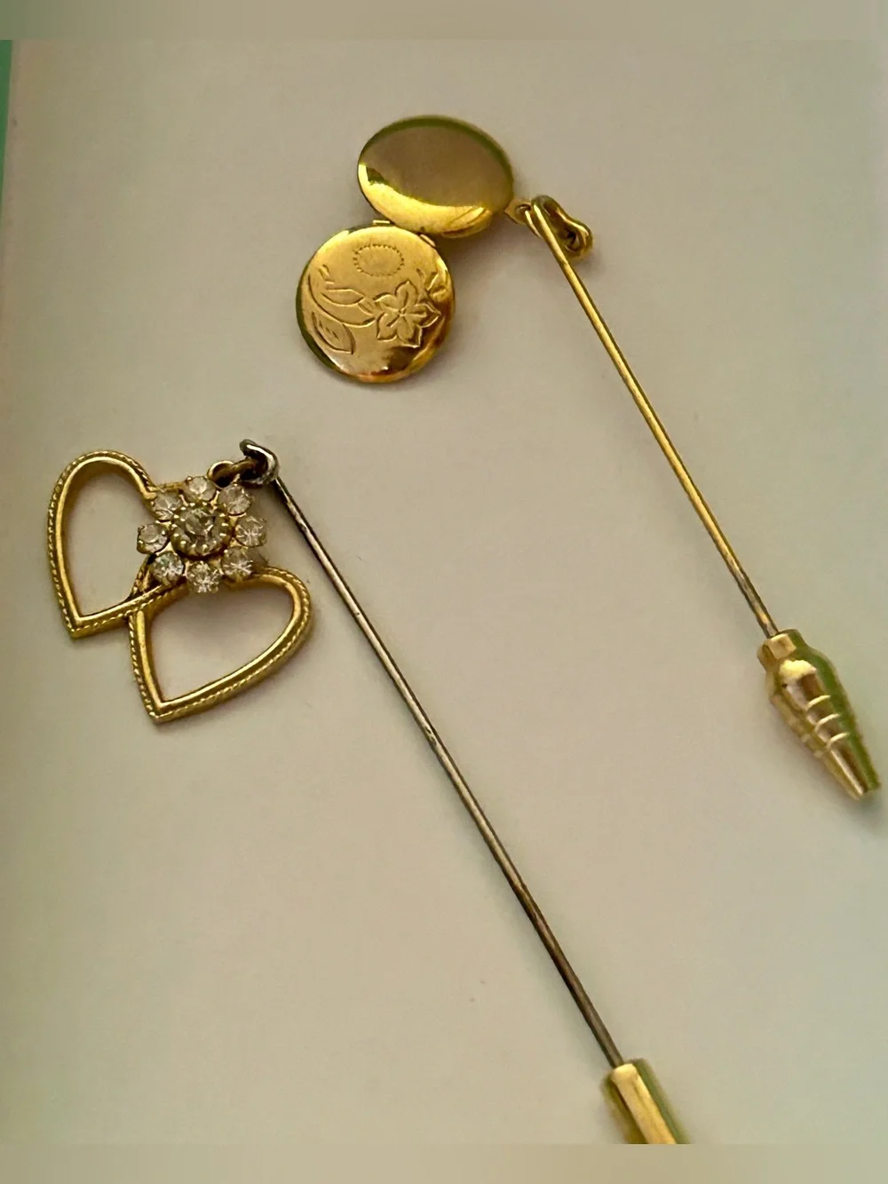 Gold-Tone Heart & Floral Locket Tie Stick Ladies Keepsake Pin Set of 2